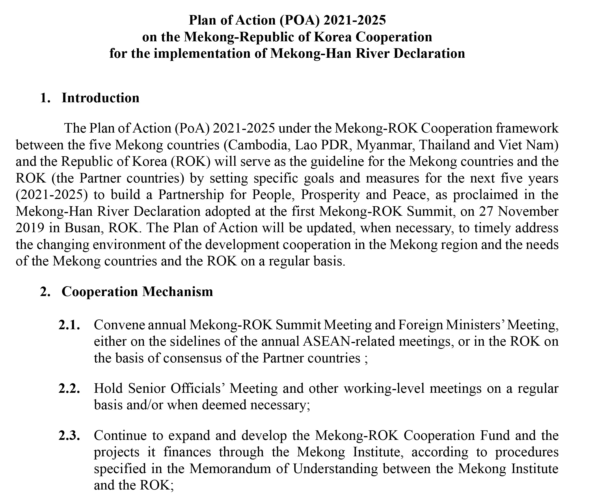 Mekong ROK Plan of Action 2021-2025